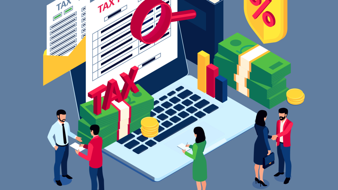 Tax audit and analysis color background with laptop tax form under magnifying glass bundles of banknotes isometric icons vector illustration