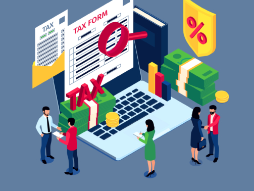 Tax audit and analysis color background with laptop tax form under magnifying glass bundles of banknotes isometric icons vector illustration