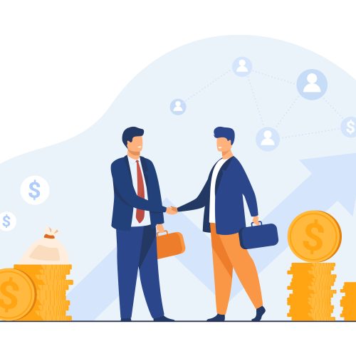 Two business partners handshaking flat vector illustration. Cartoon businessmen concluding agreement for success. Partnership, teamwork and negotiation concept